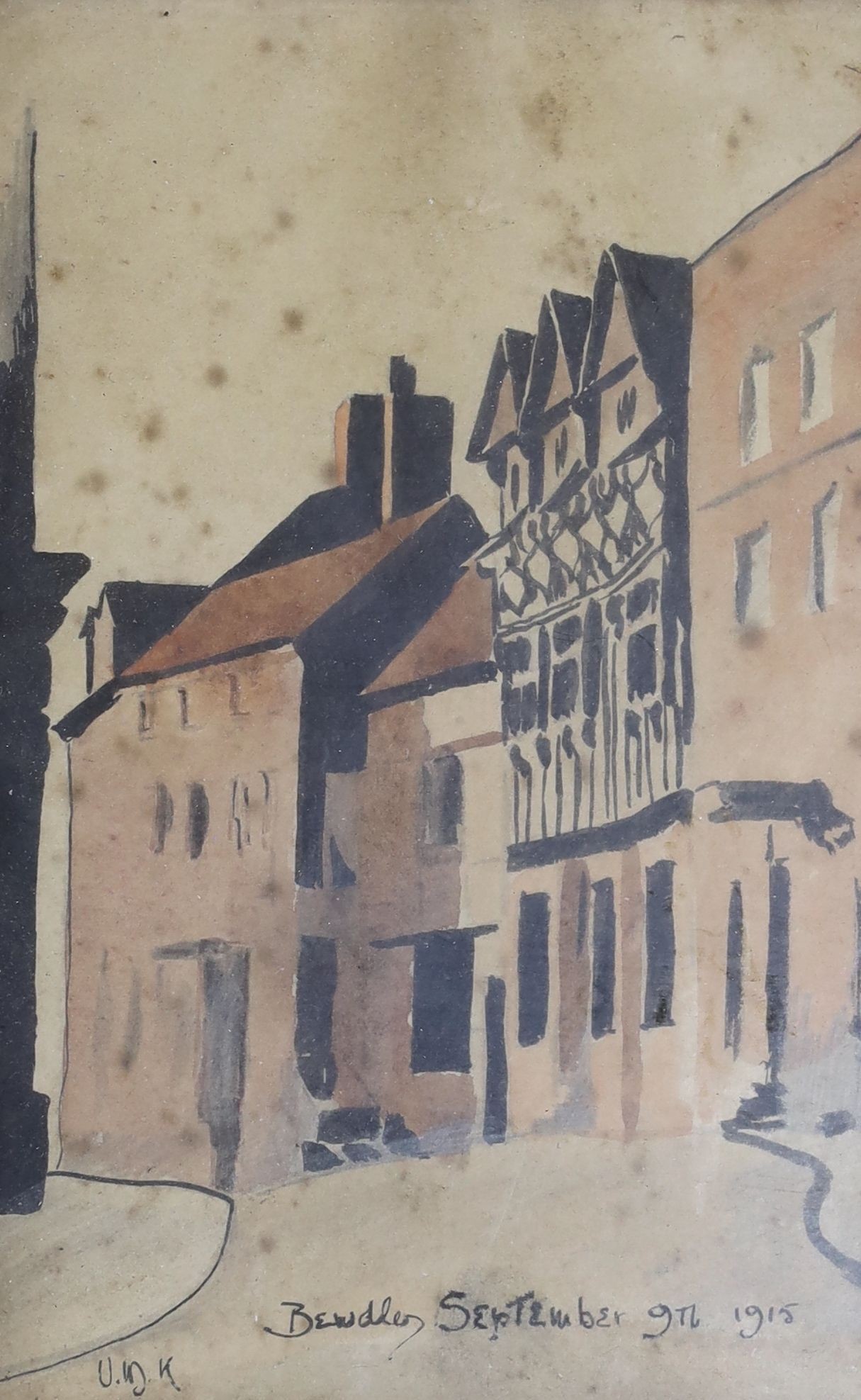 Modern British, ink and watercolour, Bewdley, September 9th 1915, initialled UDK, 20 x 14cm